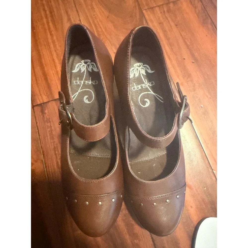 Dansko Brown Leather Studded Mary Jane Wedge Heels EU 38 US 7.5-8